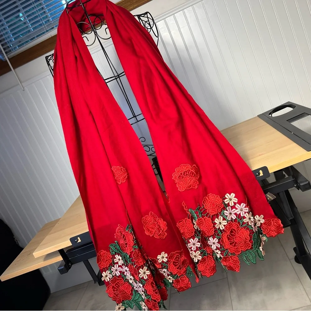 Vibrant Red Scarf Wrap 100-%‎ wool It has small holes,but they are very small.